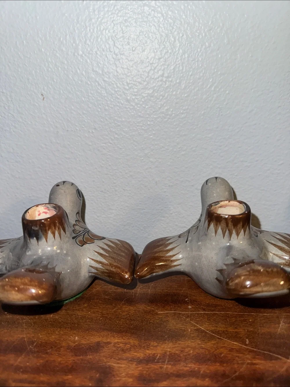 Vintage Hand-Painted Tonala Mexican Folk Art Pottery Bird Candle Holder Pair